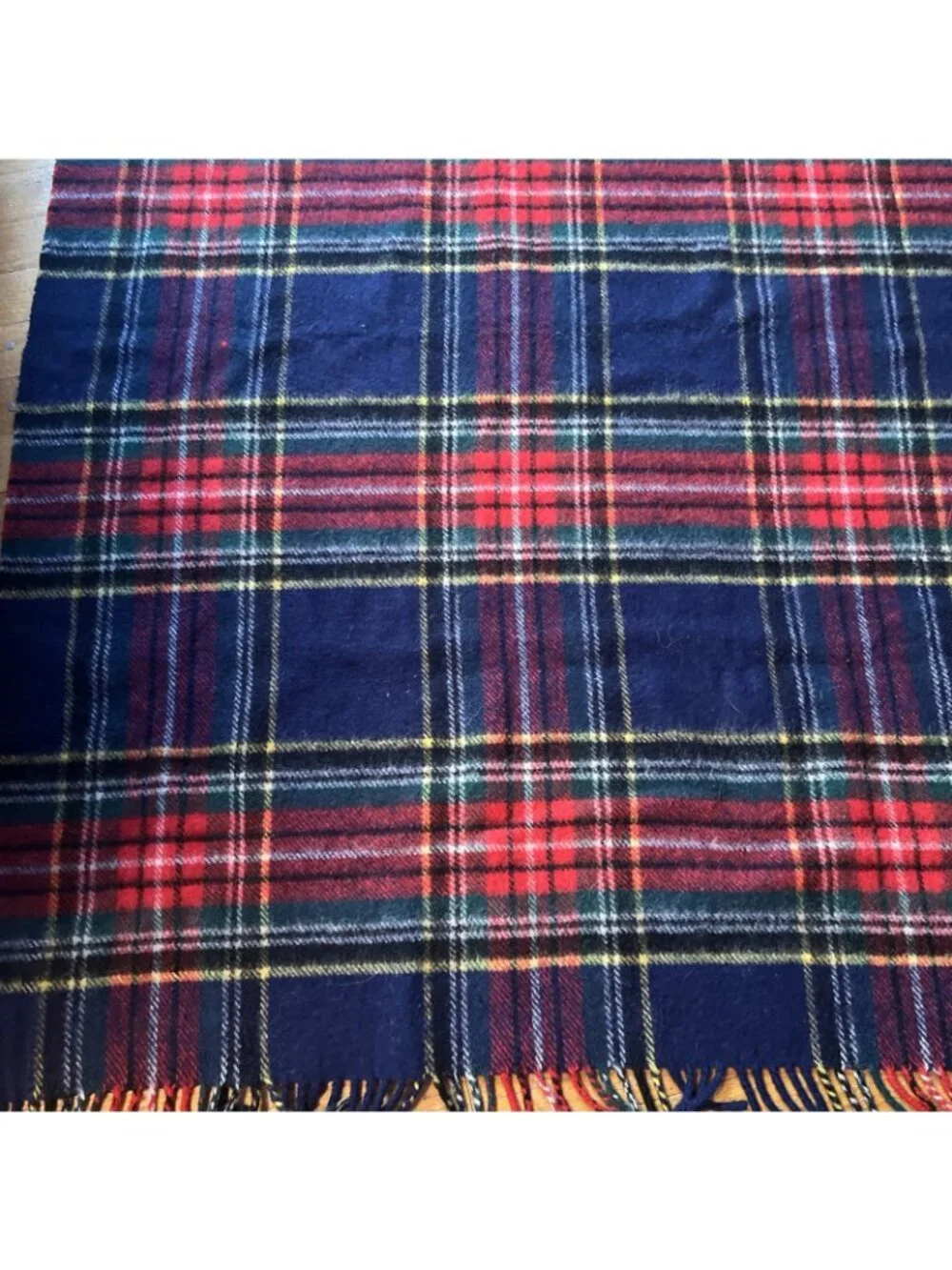 Vintage Browns of Bermuda Wool Throw Blanket Blue Red Plaid Fringe